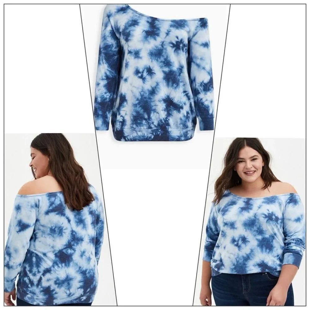 NWT Torrid Off-Shoulder Lt Weight French Terry Sweatshirt Blue White Size 0 = L